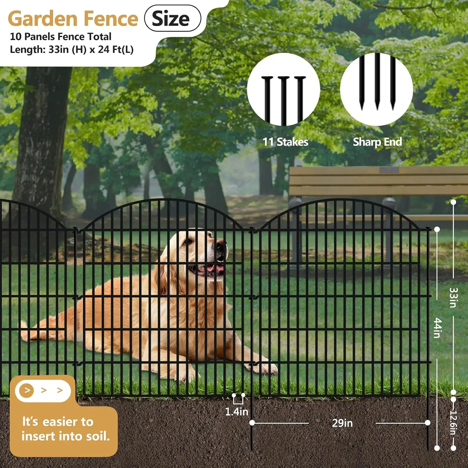 33in High 24ft Long 10 Panel Metal Wire Garden Fence No Dig Outdoor Animal Barrier For Yard Rabbits Flower Bed Patio Temporary W