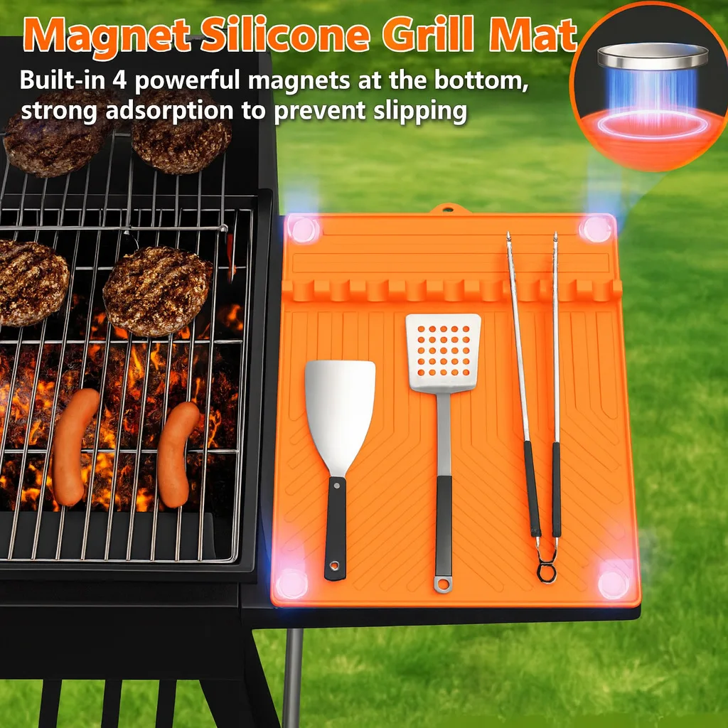 

Two-piece BBQ Side Rack Tool Mat with Magnet Black Stone Oven Shelf Mat Seasoning Rack Silicone BBQ Tool Mat
