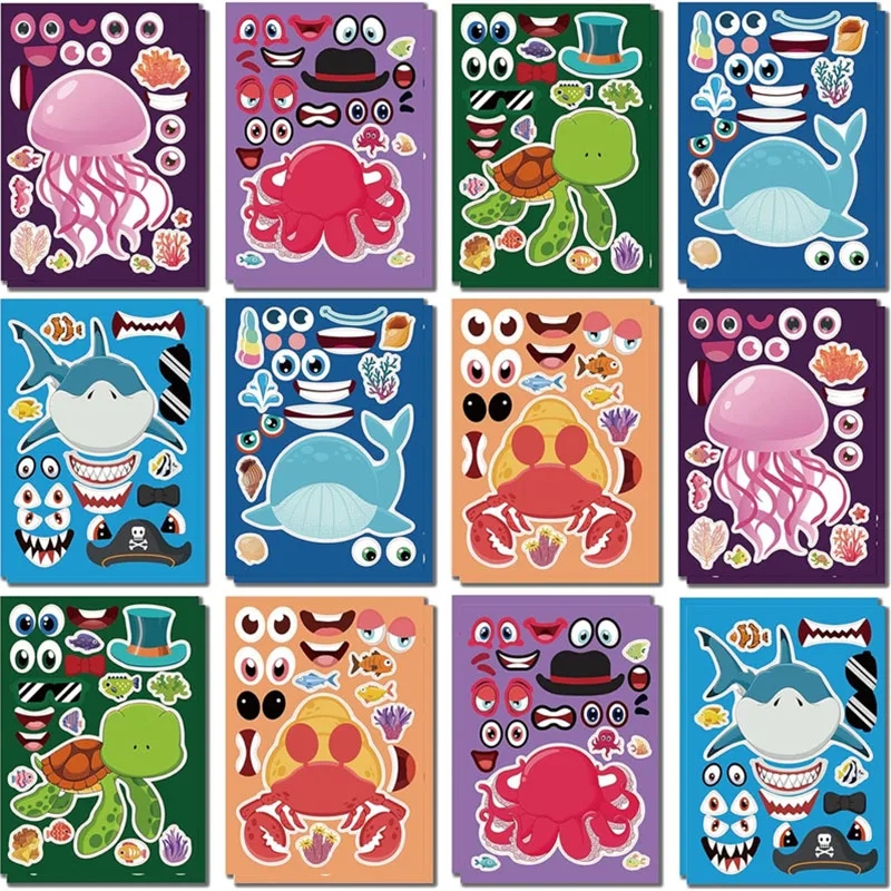 6-24sheets Stickers for Kids Creative DIY Turtle Shark Face Make Your Own Ocean Puzzle Jigsaw Sticker Children Boys Girls Toys