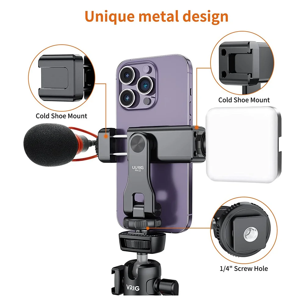 UURIG Tripod dudukan ponsel, logam 360 dapat diputar dengan sepatu dingin untuk mikrofon klip ponsel untuk Iphone 14 13 12 Samsung ponsel pintar