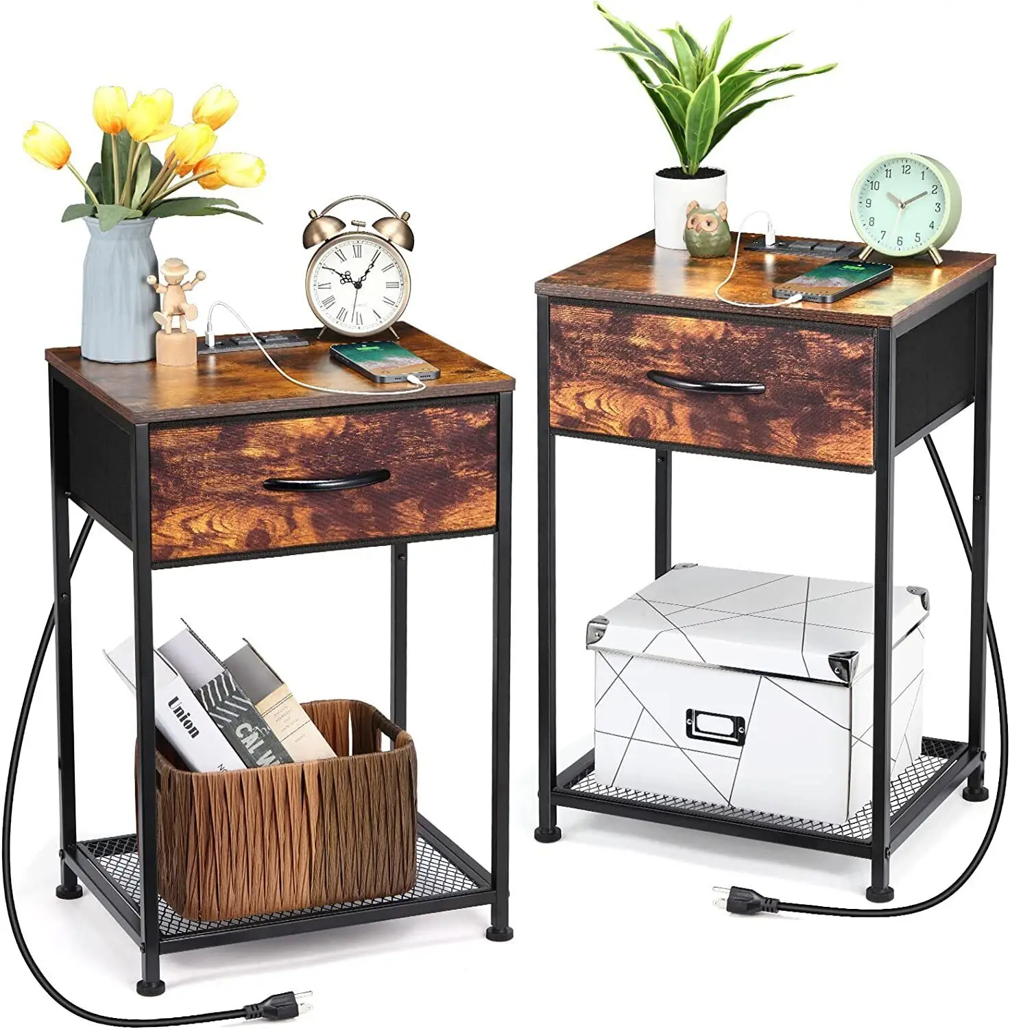 

Set of 2 Side End Table Nightstand w/Charging Station 2-Tier Bedside Table Bedside Tables