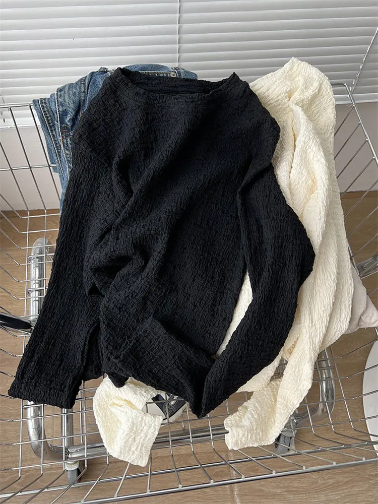 Camiseta Plissada Y2K para Mulheres, Manga Longa, Cor Sólida, Ajuste Slim, Versátil e Emagrecida para Primavera e Outono