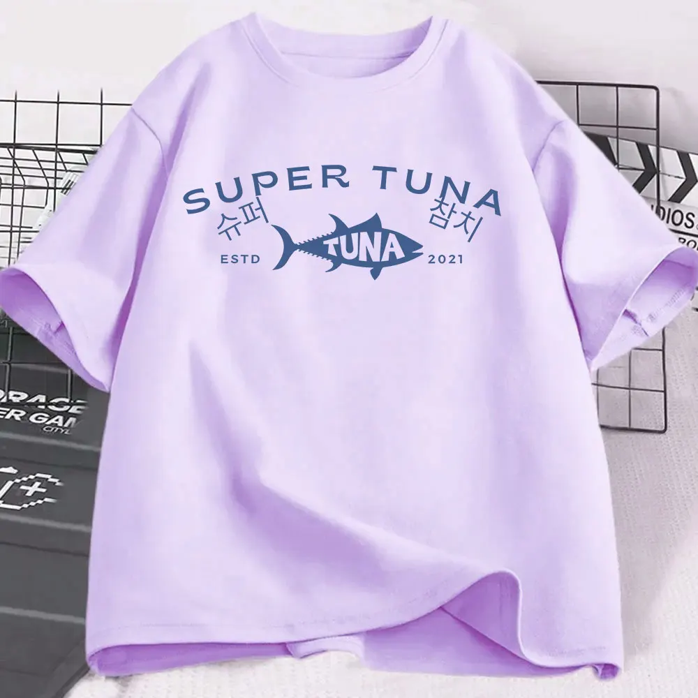 Kpop الكورية جين سوبر سمك التونة تي شيرت ريترو موضة قصيرة الأكمام س الرقبة تي شيرت الرجال النساء القطن عادية تي شيرت المتضخم