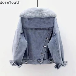 Y2k Tops Fashion Simple Blue Denim Coat Women's Clothing 2024 Autumn New Hooded Outfits Thicked Warm All-match Casual Jackets