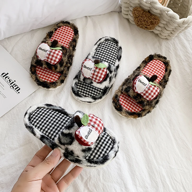 Winter Girls Embroidered Cotton Slippers New Warm Fluffy Children Leopard Flat Shoes for Home Soft Kids Open-toe Plush Slippers - view 3