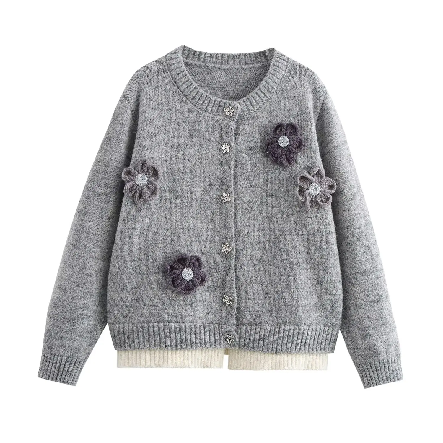 

ZAB Autumn New Women's Faionable Knitted Cardigan Floral Design Casual Sle Long Sve round Ne Polyester Fiber Blend C...