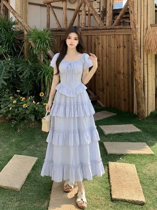 

plus Size Women's Sweet Style Lace Short Sleeve Dress Summer New High Waist A-Line Skirt Korean Version Commute Wind Belted D...