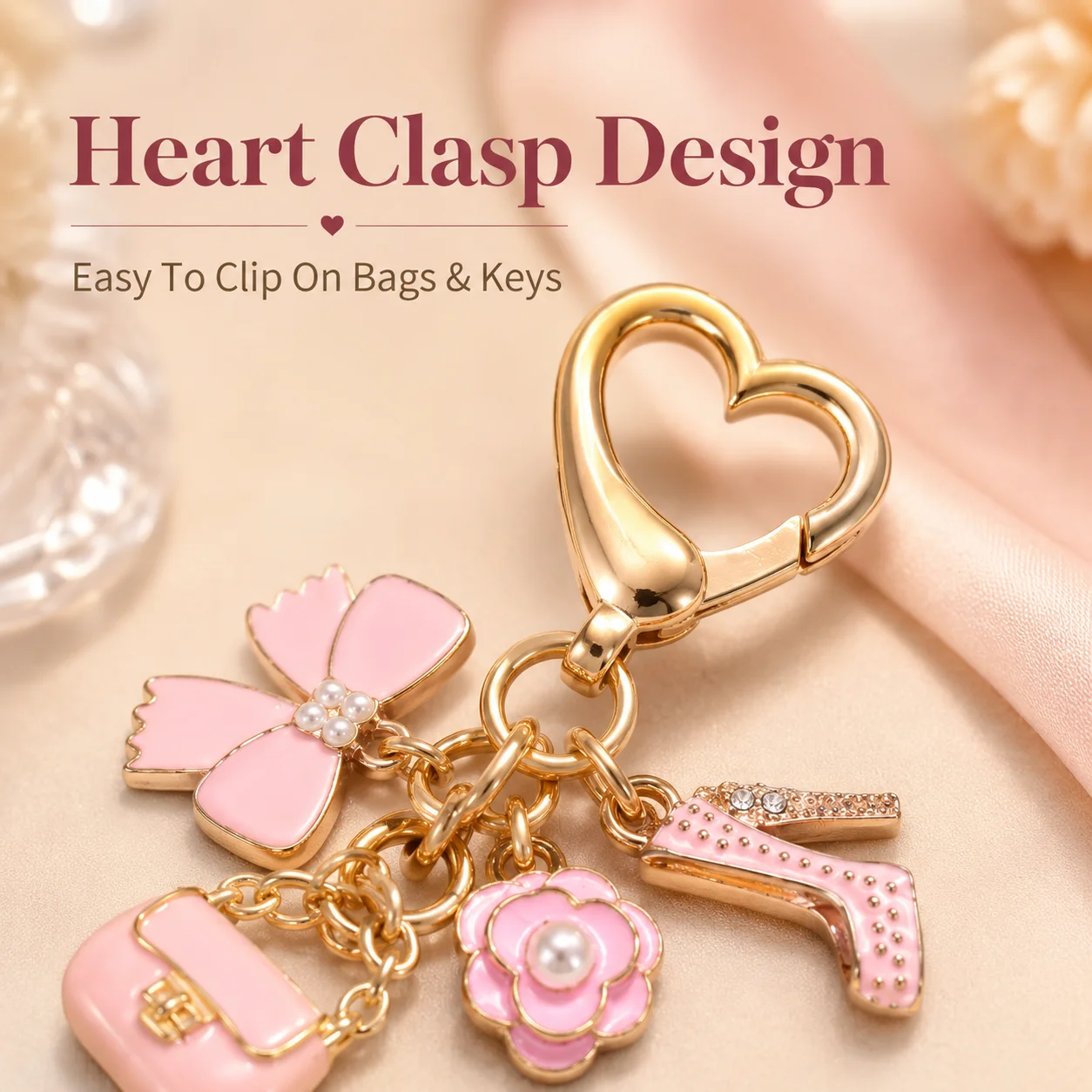 Pink Heart Charm Keychain for Women, LOVE Pendant Bag Charm with Flower, Bow, Handbag, Pearl and High Heel Charms, Gold Tone Lobster Clasp Key Ring for Purse, Backpack, Car Keys, Luggage, Cute Fashion Gift Accessory