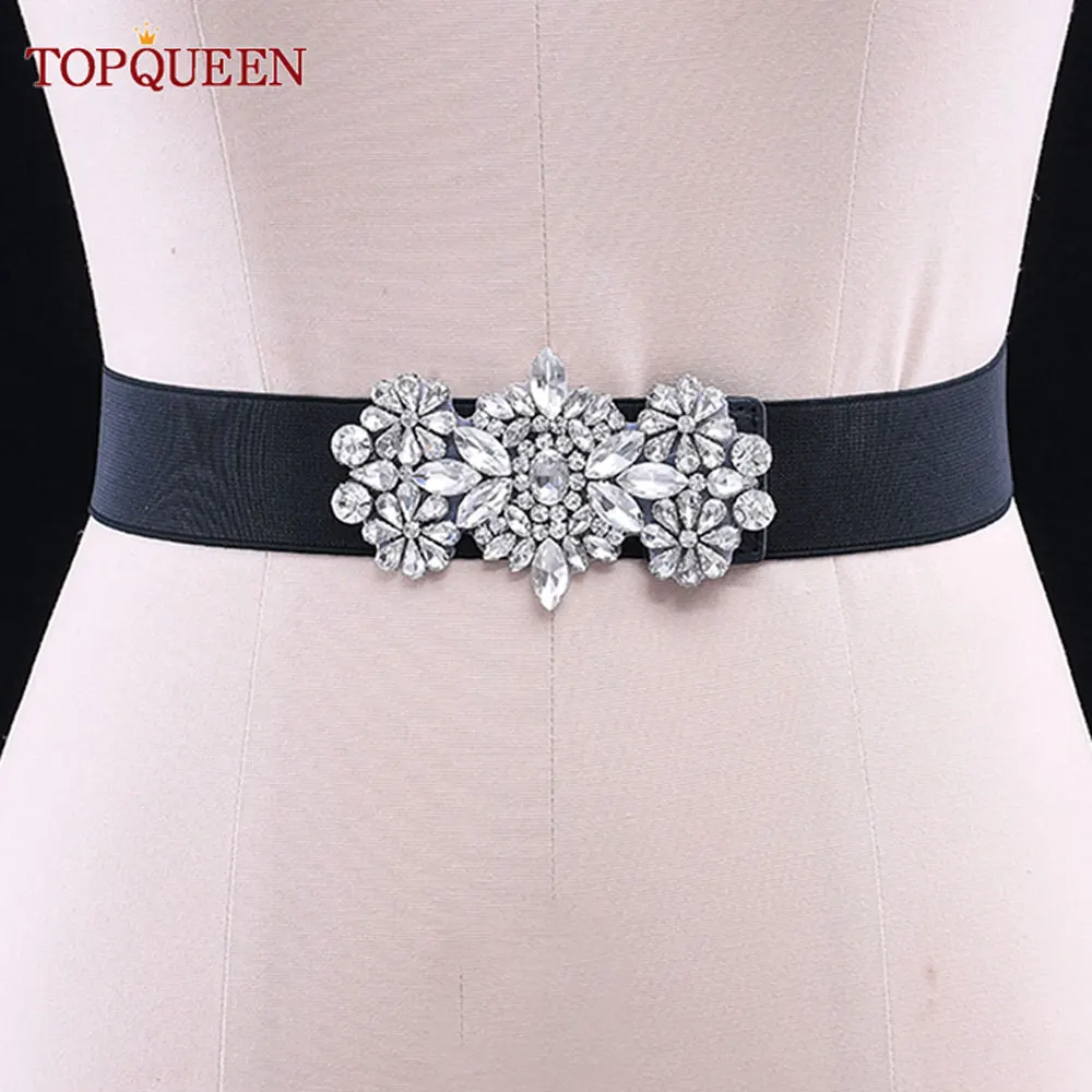 TOPQUEEN S325-D หญิงเข็มขัดยืดแฟชั่น Rhinestone ชุดเดรสปาร์ตี้ชุดอุปกรณ์เสริมเสื้อผ้าผู้หญิงสีดำกว้าง Waistbands Sparkly