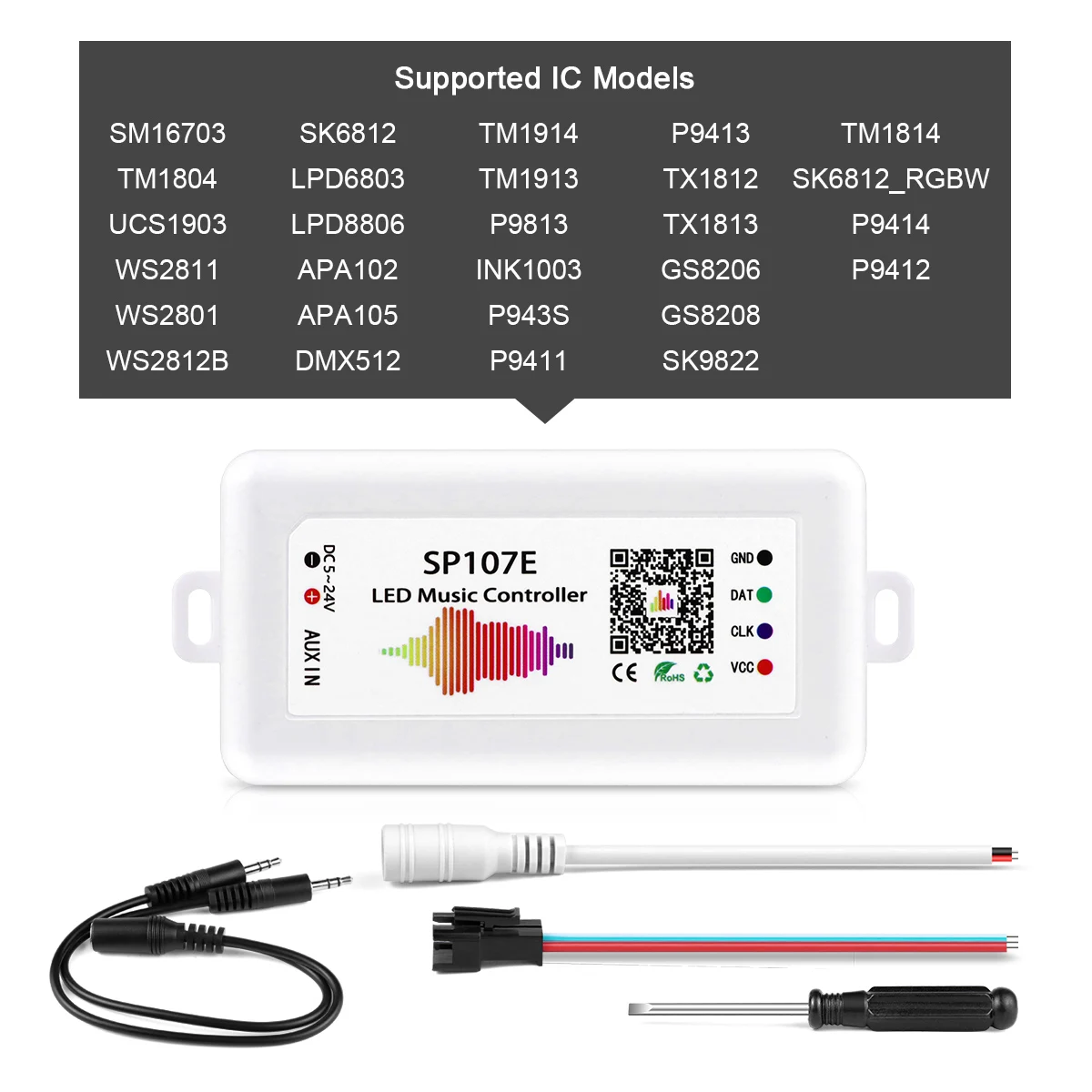 SP107E DC5-24V Controller musicale a strisce LED con controllo musicale APP a colori compatibile con Bluetooth Wireless per nastro LED WS2812B