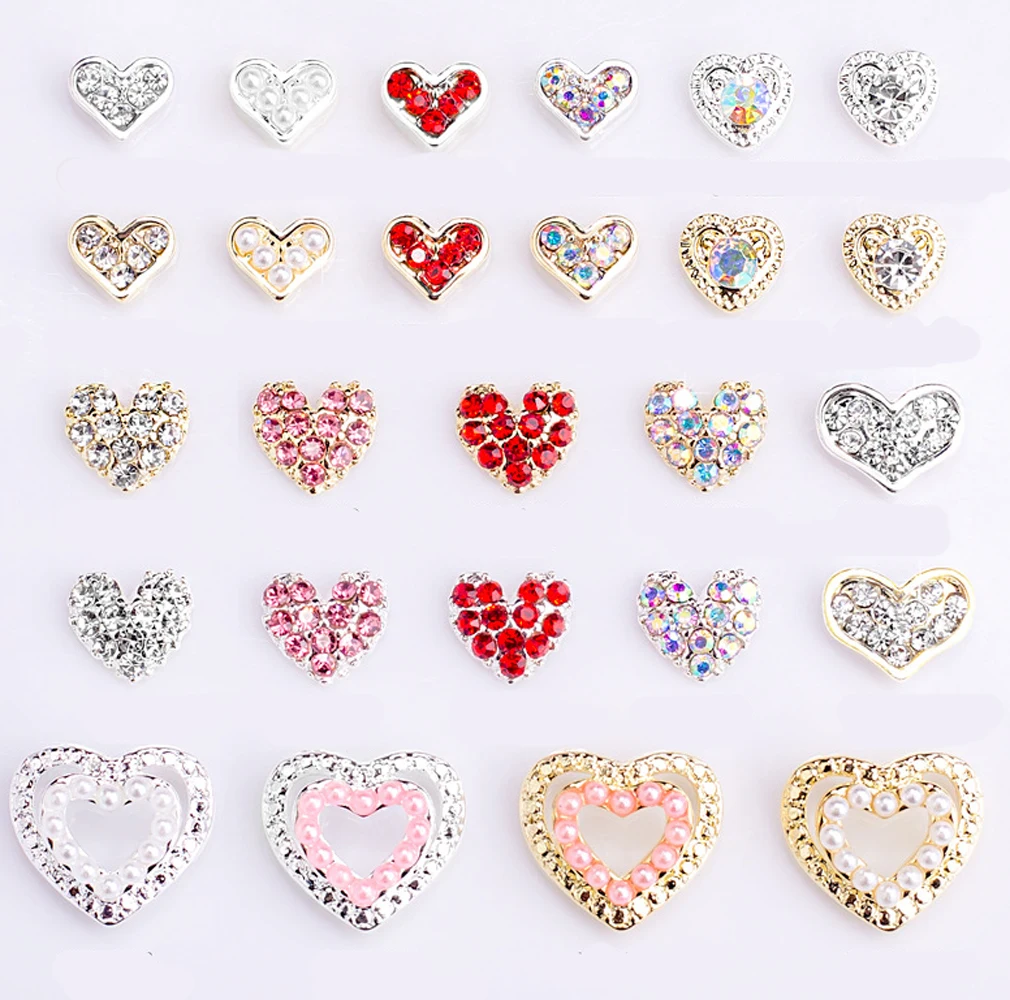 10Pcs Liefdevolle Hart Nail Art Decoraties 3D Legering Valentijnsdag Vergulden Glitter Harten Diamanten Nagel Charmes Diy Nagel levert