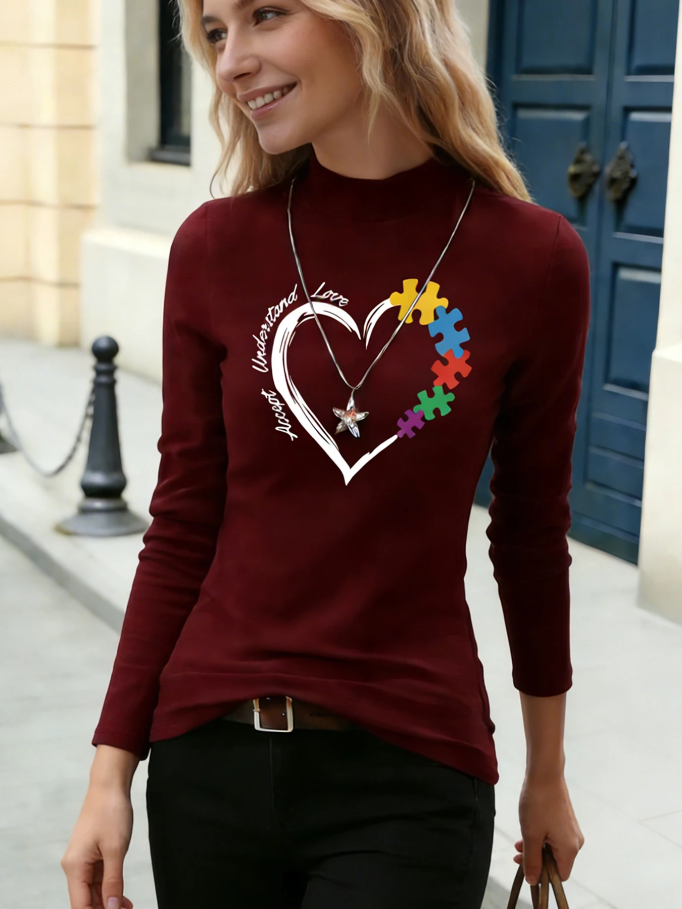 Damen-Oberteil mit Stehkragen und langen Ärmeln, rotes Herz, „I Love You“-Aufdruck, lässige Bluse, Basic-T-Shirt für den Alltag, weiche Oberteile für Frühling und Herbst