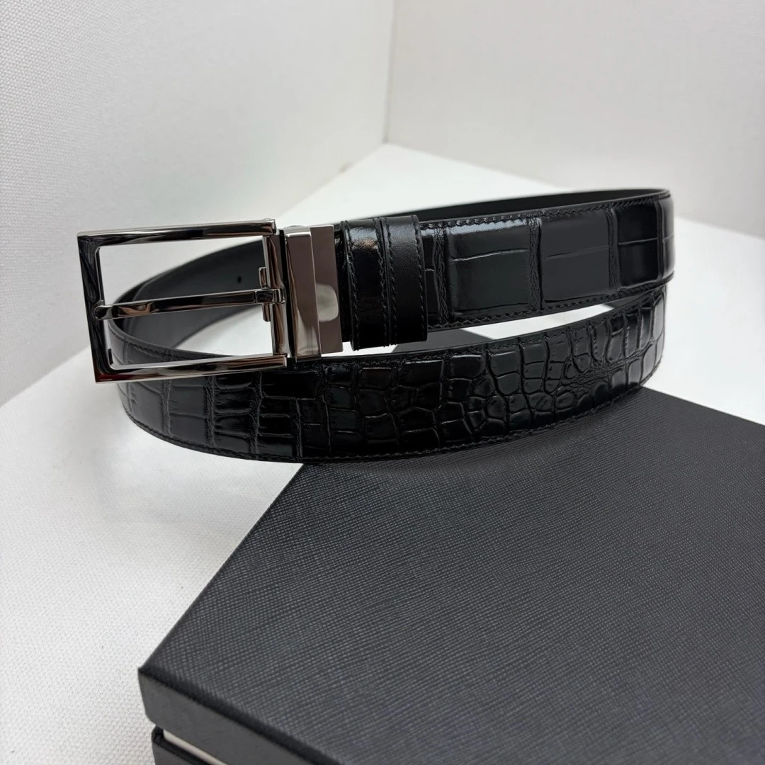 Gift Luxury Brand Men's Reversible Leather Belt Rotatable Pin Buckle Crocodile Grain Business Formal 35mm Casual Waist Strap