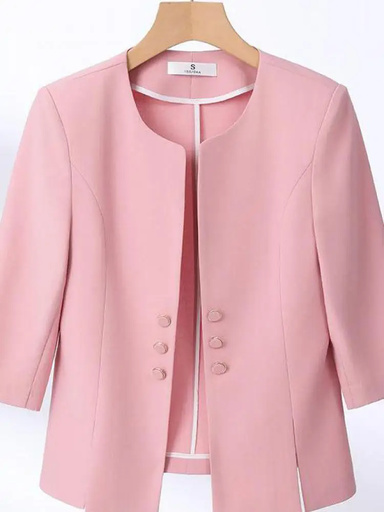 

Spring Women Black Beige Seven Quarter Sleeve Double Breasted Blazer Coat Pink Slim Business Office Lady Work Short Tops Simple