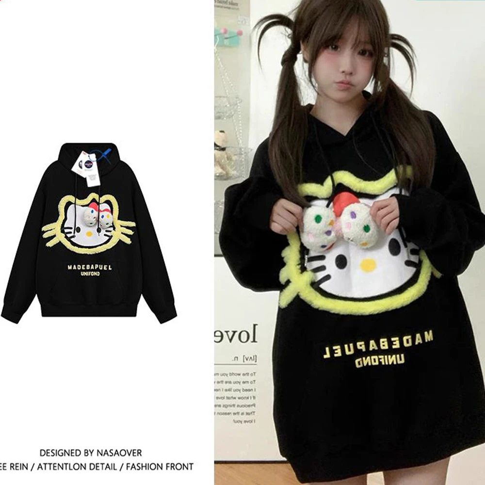 Sanrio Hello Kitty Plush 3D Embroidered Sweatshirt Sweatshirt Cartoon Autumn Winter Couple Hooded Sweatshirt for Women Men Tops