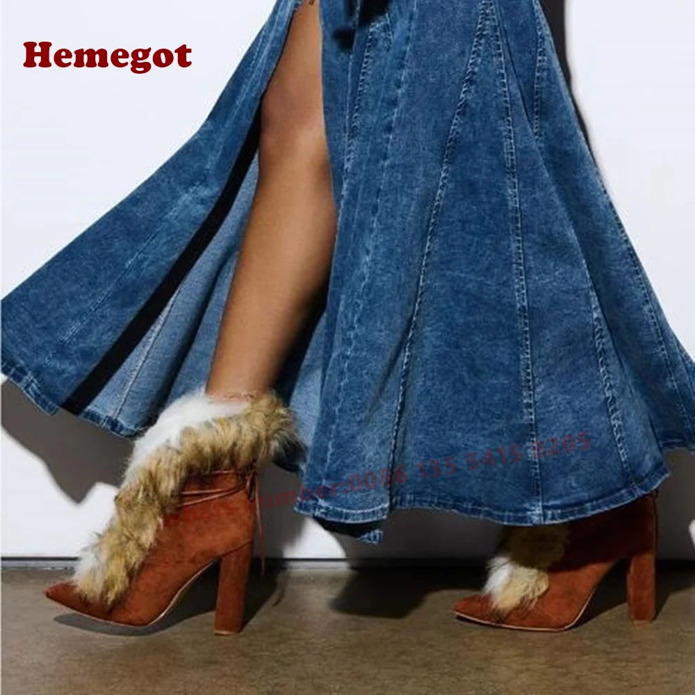 Round Toe Lace Up Fluffy Suede Leather Women's Boots Fur Chunky Heels Ankle Boots Winter 2026 Luxury Warm Shoes Mixed Color