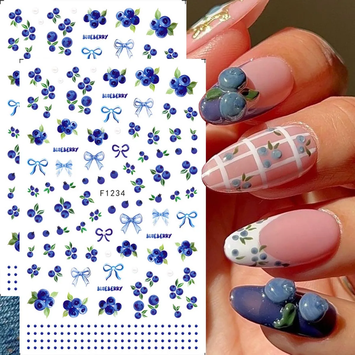 2 Stück blaue Blaubeeren-Sommerfrucht-Nagelaufkleber, Schleifen, englisches Buchstaben-Design, selbstklebende Slider, Sommer-blaue Frucht-Kawaii-Folien