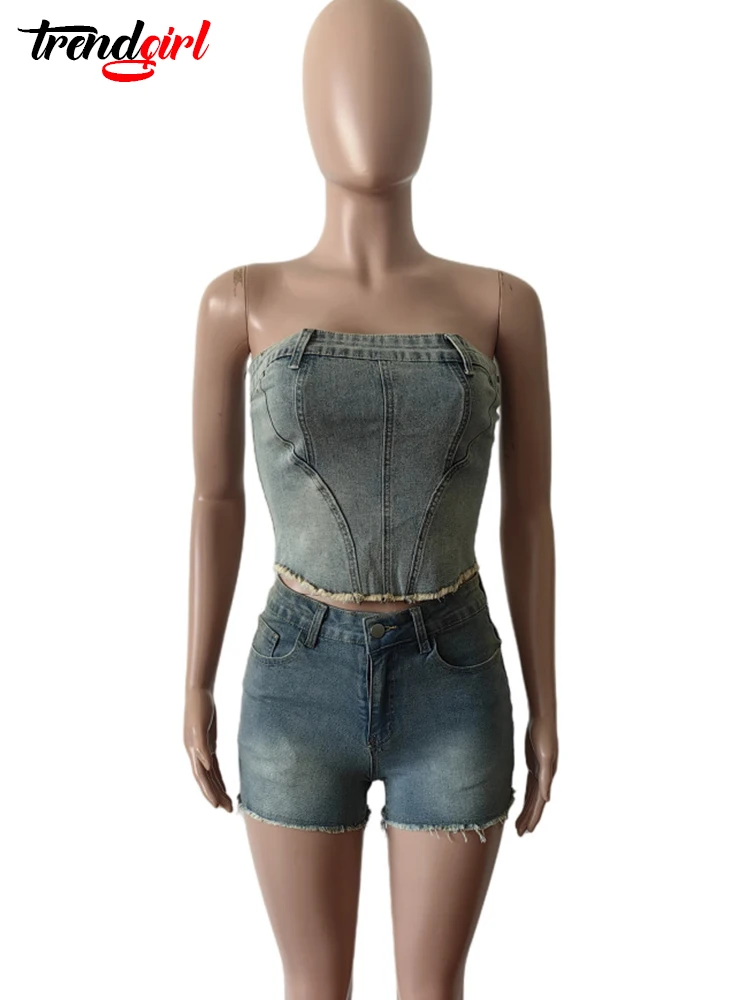 Mlaiscsr Vintage Strapless Crop Tops and Shorts Two 2 Pieces Set Women Denim Stretch Suit Sexy Night Club Birthday Jean Outfits