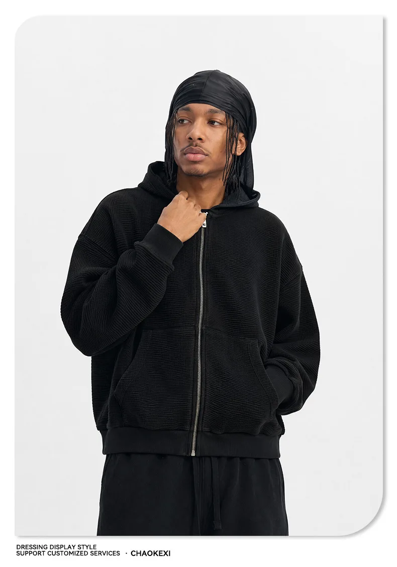 Waffle Knit Full Zip Hoodie for Men Vintage Washed Hooded Sweatshirt Casual Loose Cotton Kangaroo Pocket Streetwear Clothes