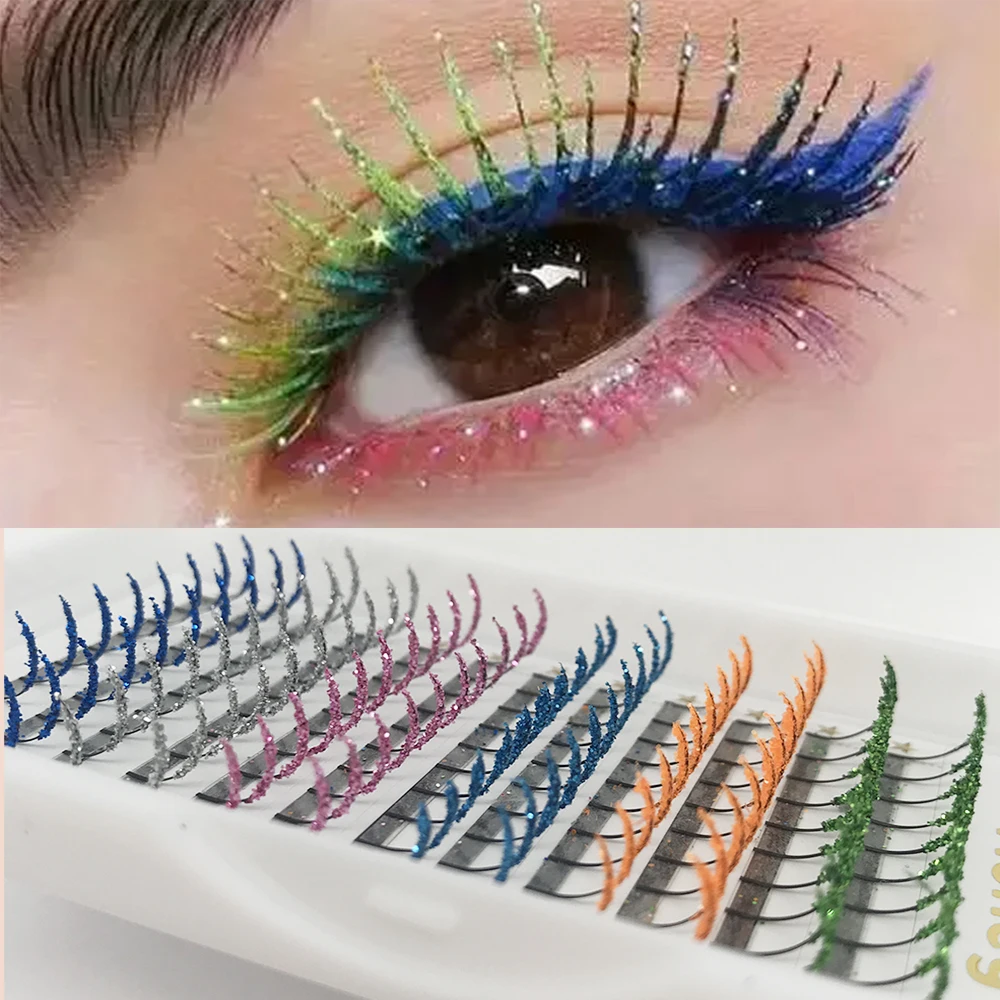 12 Rows Mix Color Fashion Glitter Fluffy Fairy Spikes False Eyelashes Shiny Fancy Diamond Colorful Eyelash Extension For Make Up