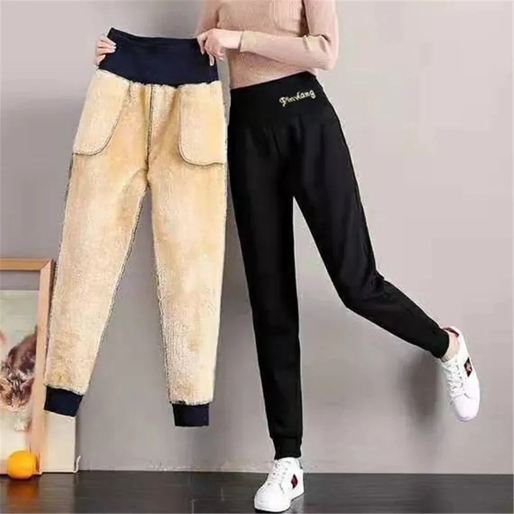 

Winter High Waist Fleece Pants Women Casual Keep Warm Thick Trousers Mom 6xl Fashion Solid Color Black Loose Plush Sweatpants