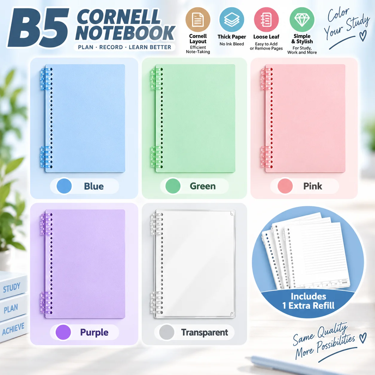 B5 Refillable Cornell Notebook 120 Pages Loose Leaf Thick Paper Five Pastel Colors Study Notes Journal For School Students