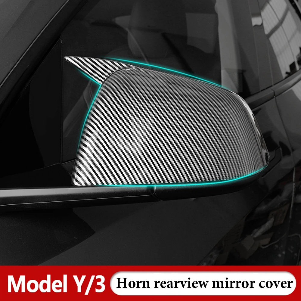 

High quality For Tesla Model 3/Y Carbon Fiber Black Car Horn Style Rearview Side Mirror Cover Caps car-styling