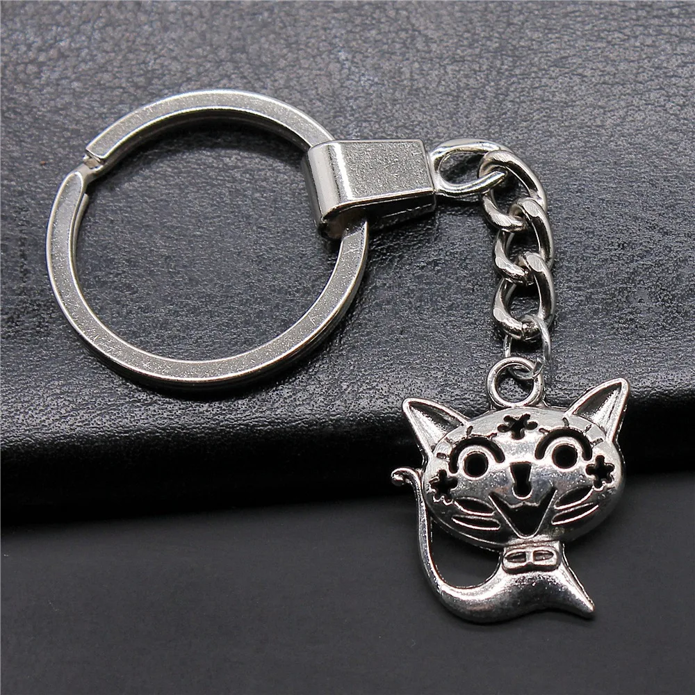 DIY Metal Holder Chain Souvenirs Gift Men Keychain 2 Colors 24x21mm Smile Cat Pendant Keyring