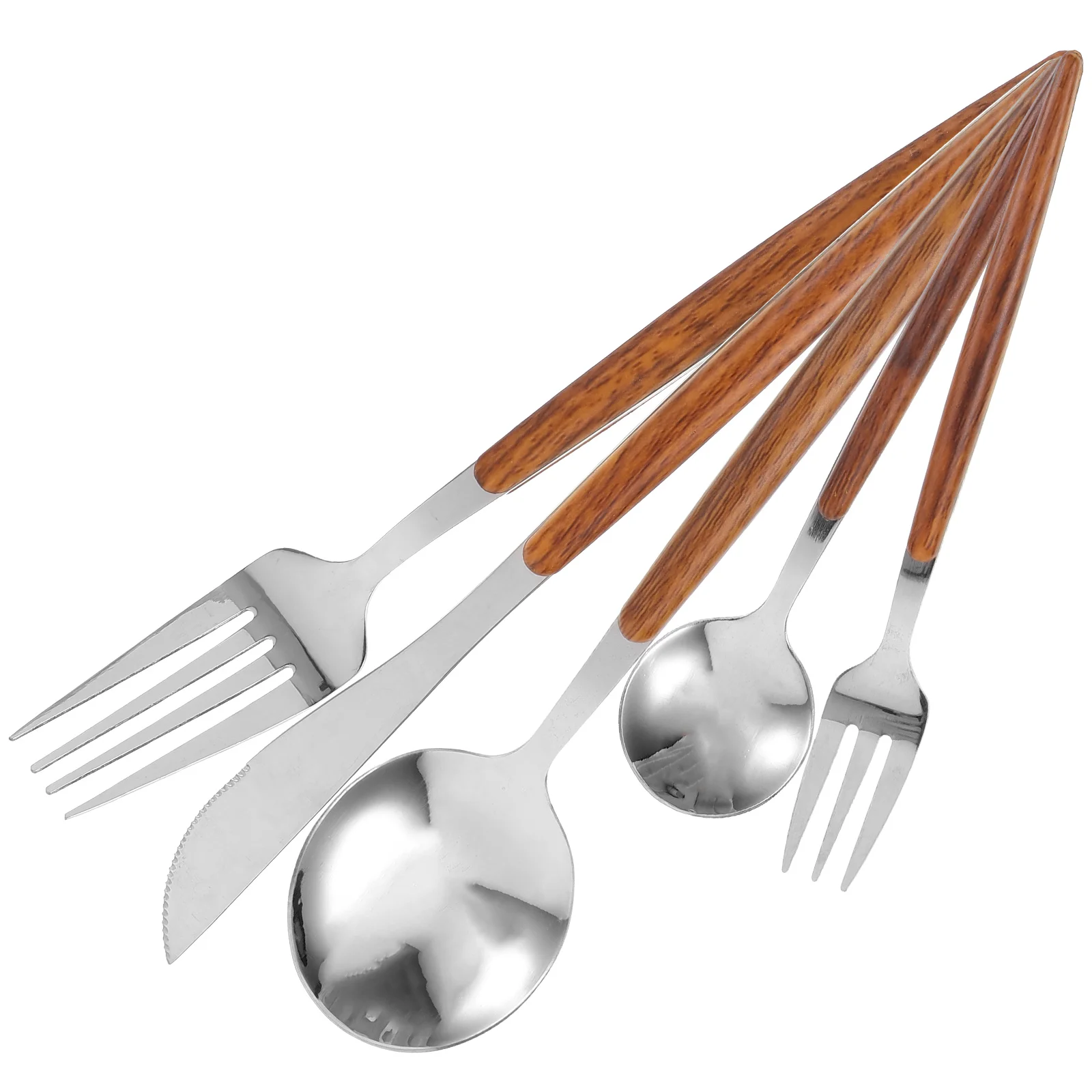 

5Pcs Cutlery Set Silver Knives Forks Spoons Stainless Steel Wood Handle Nordic Style Tableware Dining Accessories
