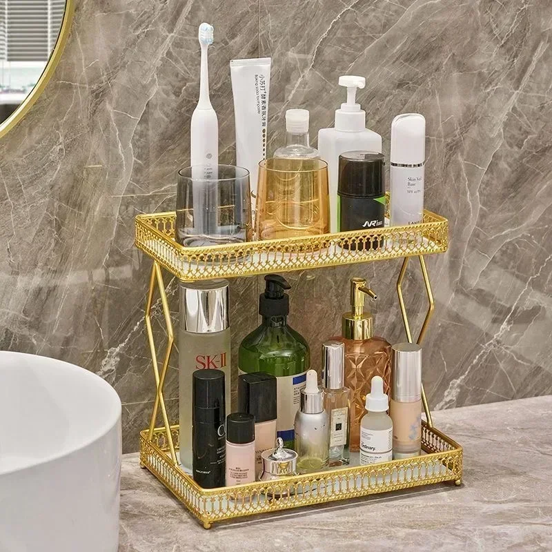 

Iron Art Makeup Storage Shelves for Skincare Cream Light Luxury Bathroom Organizer Rack Jewelry Organizer Make Up Storage Holder