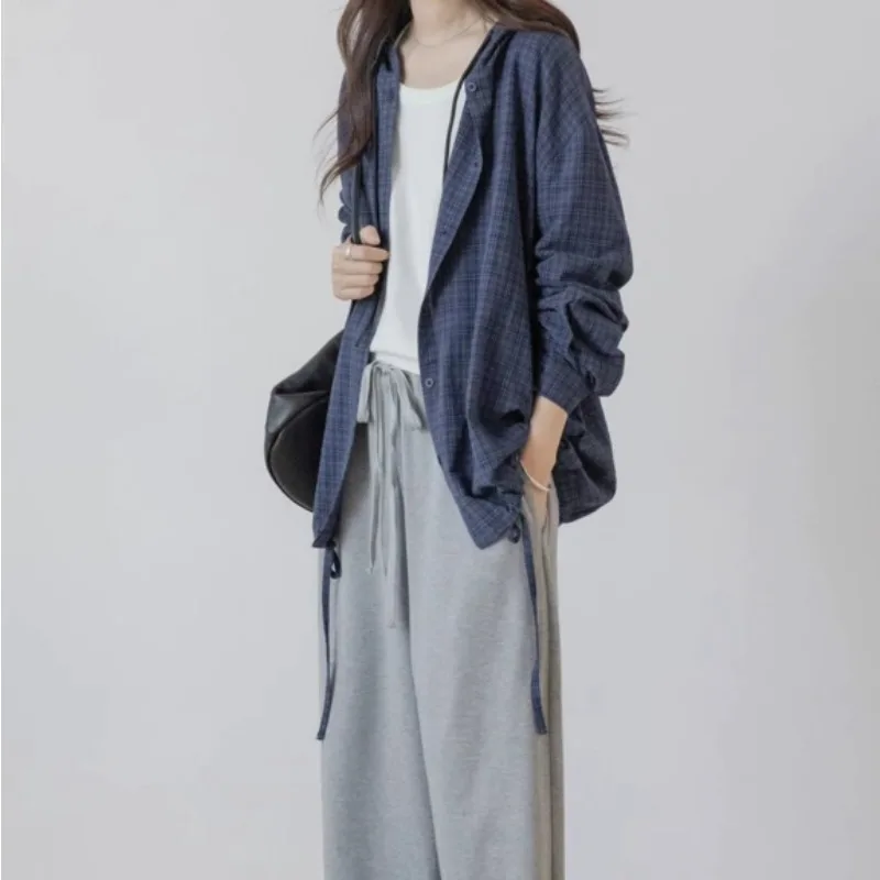 

Retro Japanese Blue Plaid Shirt Women's Thin Long Sleeve Loose Design Spring Autumn Outerwear Classic Commute Style Button