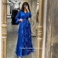 Verngo Vintage Royal Blue Chiffon Evening Dresses V Neck Puff Long Sleeves Arabic Formal Pary Occasion Prom Gowns Mother Dress