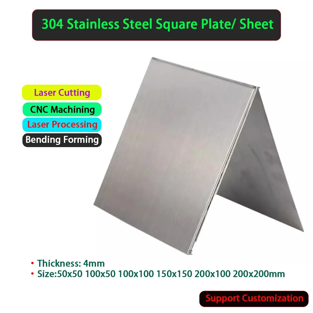 

304 Stainless Steel Square Plate Sheet Thickness 4mm Size 50x50 100x50 100x100 150x150 200x100 200x200mm