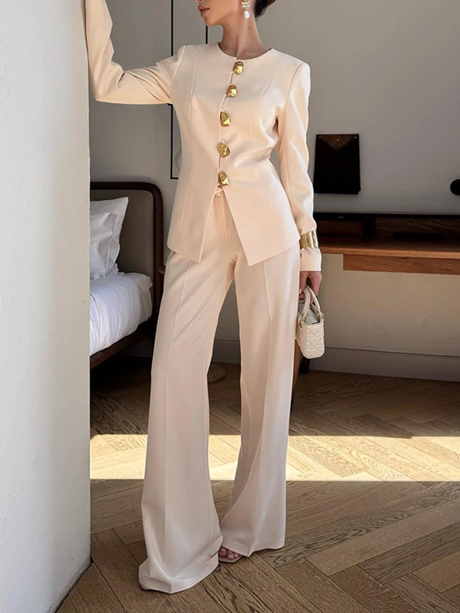 TWOTWINSTYLE Afslanken Tweedelige Sets voor Vrouwen Ronde Hals Lange Mouwen Gesplitste Metalen Knoppen Top Volledige Lengte Broek Set Vrouwelijke Nieuwe