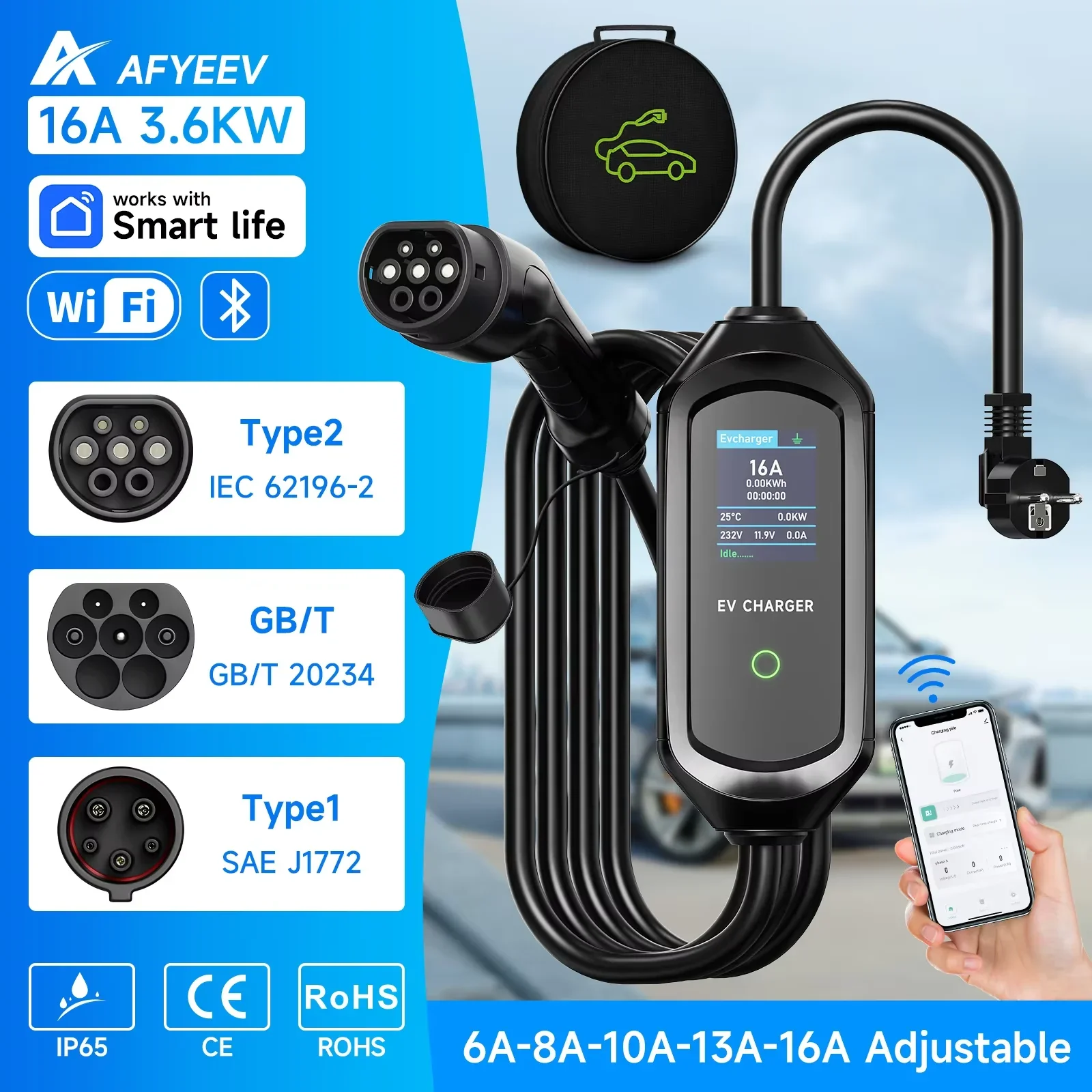 AFYEEV 3600W portátil Type2 IEC62196-2 EV cargador Type1 SAE J1772 cargador de coche eléctrico GBT EVSE Cable de carga Wallbox e