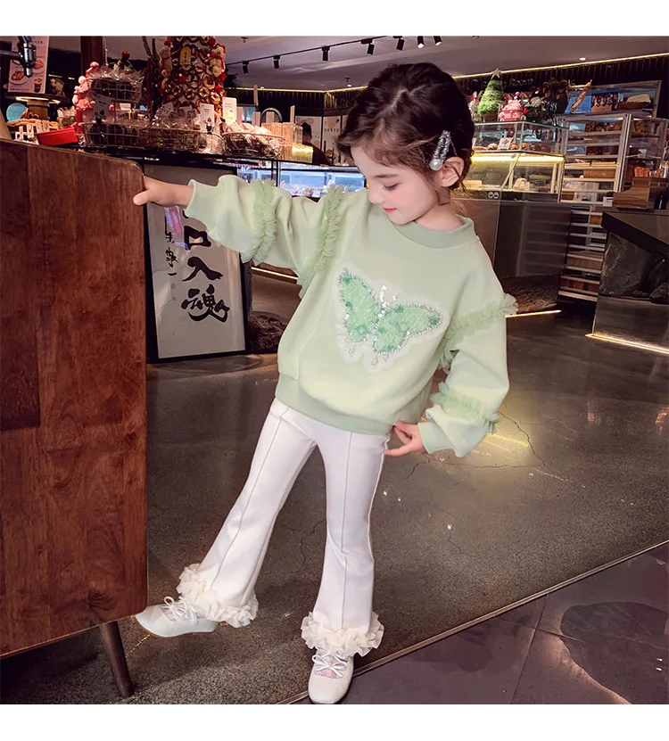 Herbst Kinder Mädchen Sweatshirts Schwestern Partnerlook Baumwollkleidung Pailletten Schmetterling Rüschenbesatz Langarm Rundhals Pullover Tops – Detail 10