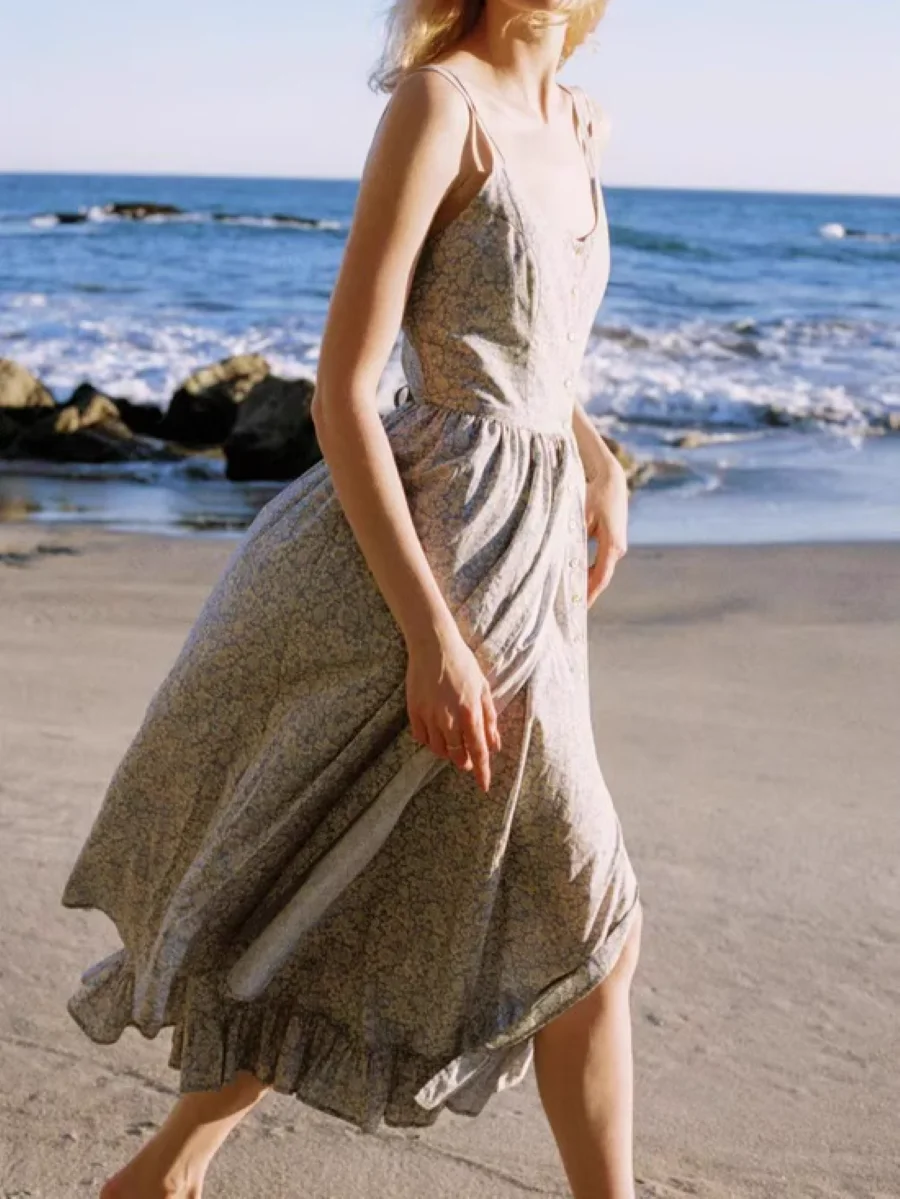 

Flower Print Women Holiday Sling Robe Double-Layer Ruffles Edge Single Breasted Sleeveless Casual Female Pure Cotton Long Dress