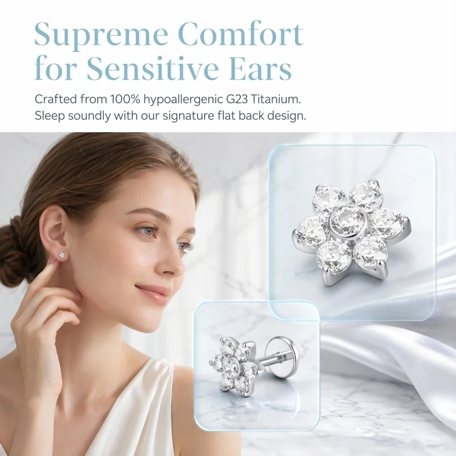 ASTM F136 Titanium Earrings Flat Back Ear Piercing Cartilage Helix Tragus Conch Stud CZ Internal Thread Earlobe Lip Body Jewelry
