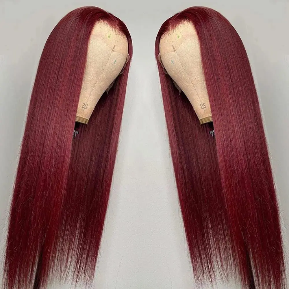 99J Burgundy Straight Human Hair Wigs 46 Inches 250% Density 13x6 13x4 HD Transparent Invisible Lace Frontal Wig For Women Pre Plucked Pre Cut Lace Pre Bleached Knots Pre Styled Brazilian Hair