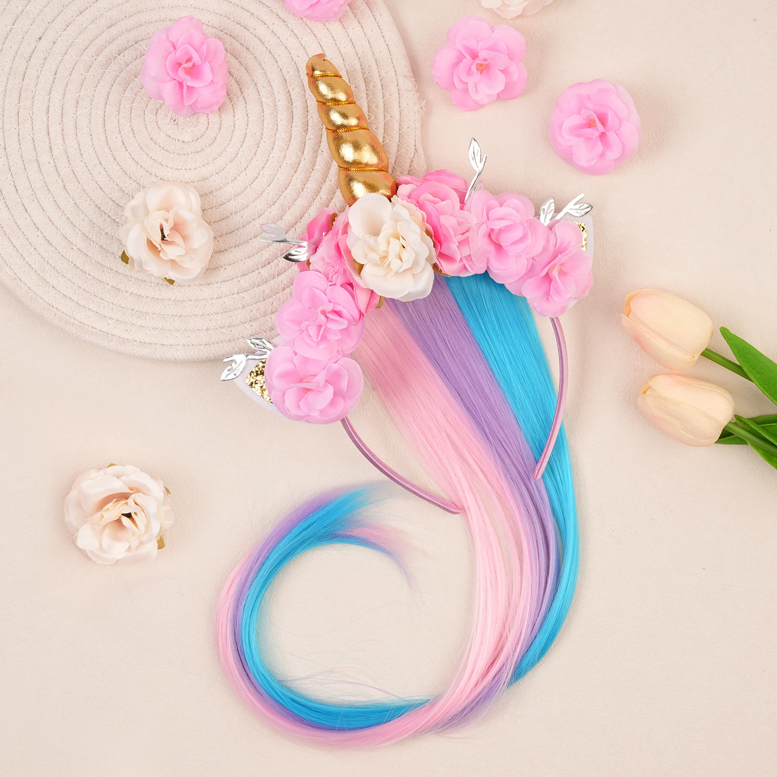 Diadema de unicornio con peluca larga degradada, diadema con cuernos dorados y flores para niñas, accesorios para el cabello para disfraces de cosplay, fiestas y manualidades.