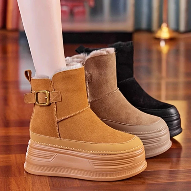 

2025 New Winter Outdoors High Quality Suede Platform Women Boots Hidden Heels Warm Shoes Women's Ankle Booties Botines Mujer