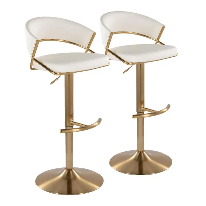 Contemporary Adjustable Barstool with Swivel in Gold Metal and White Faux Leather, Rounded T Footrest - Set of 2