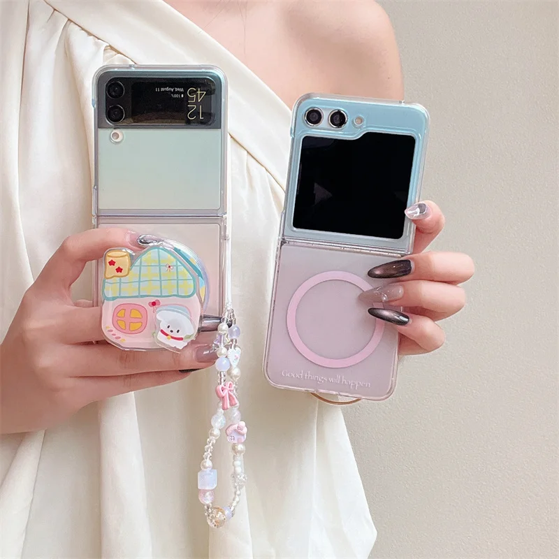 Для Samsung Galaxy Z Flip 7 FE 3 4 5 6, чехол-подставка градиентного цвета с браслетом, магнитный противоударный чехол