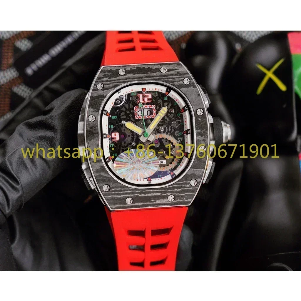 Luxury New Mens Automatic Mechanical Watch Black Red Rubber Carbon Fiber Sport Watches