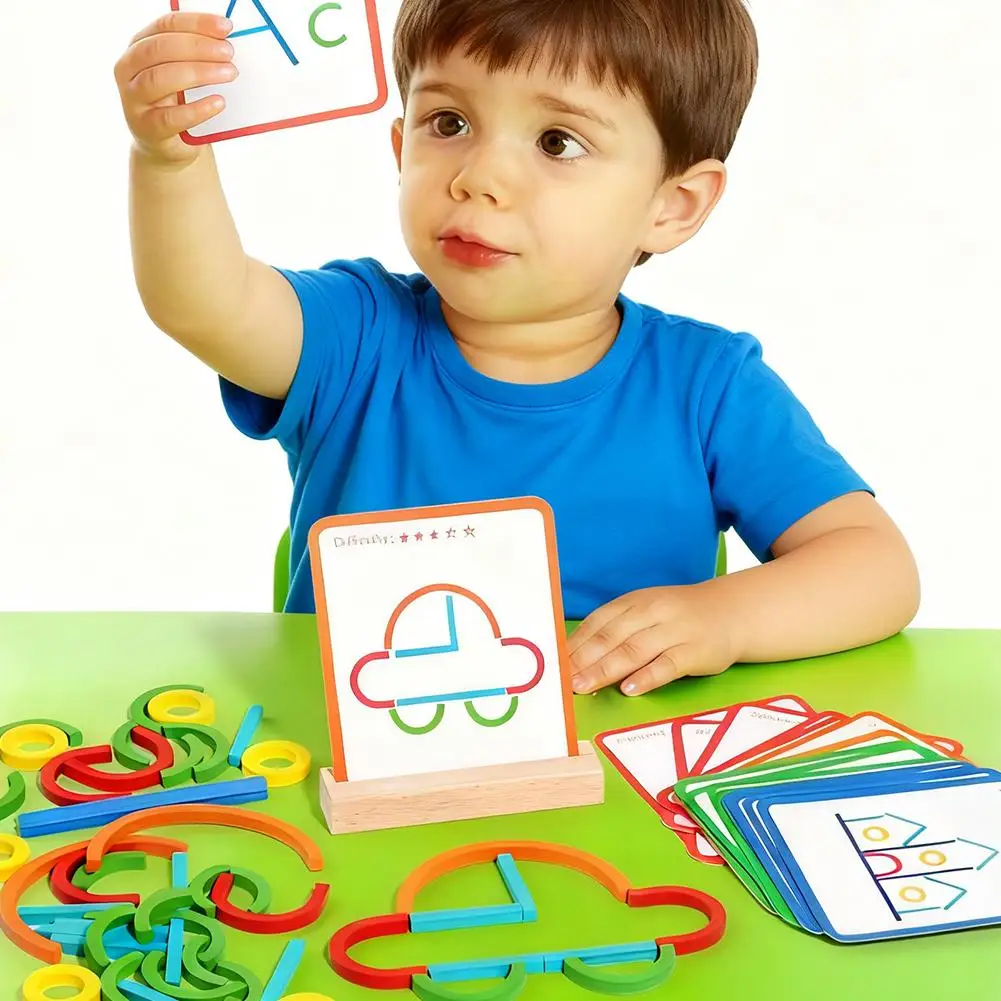 Drewniane kreatywne patyczki i pierścienie - układanka, gra logiczna, zabawka edukacyjna Montessori dla dzieci w wieku 3 lat.