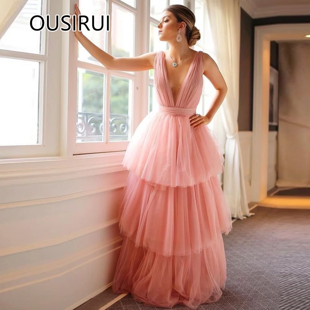 Customized Enchanting V-neck Tulle Tiered Bridal Prom Dress A-line Backless Princess Women Prom Cocktail Gown vestidos de festa