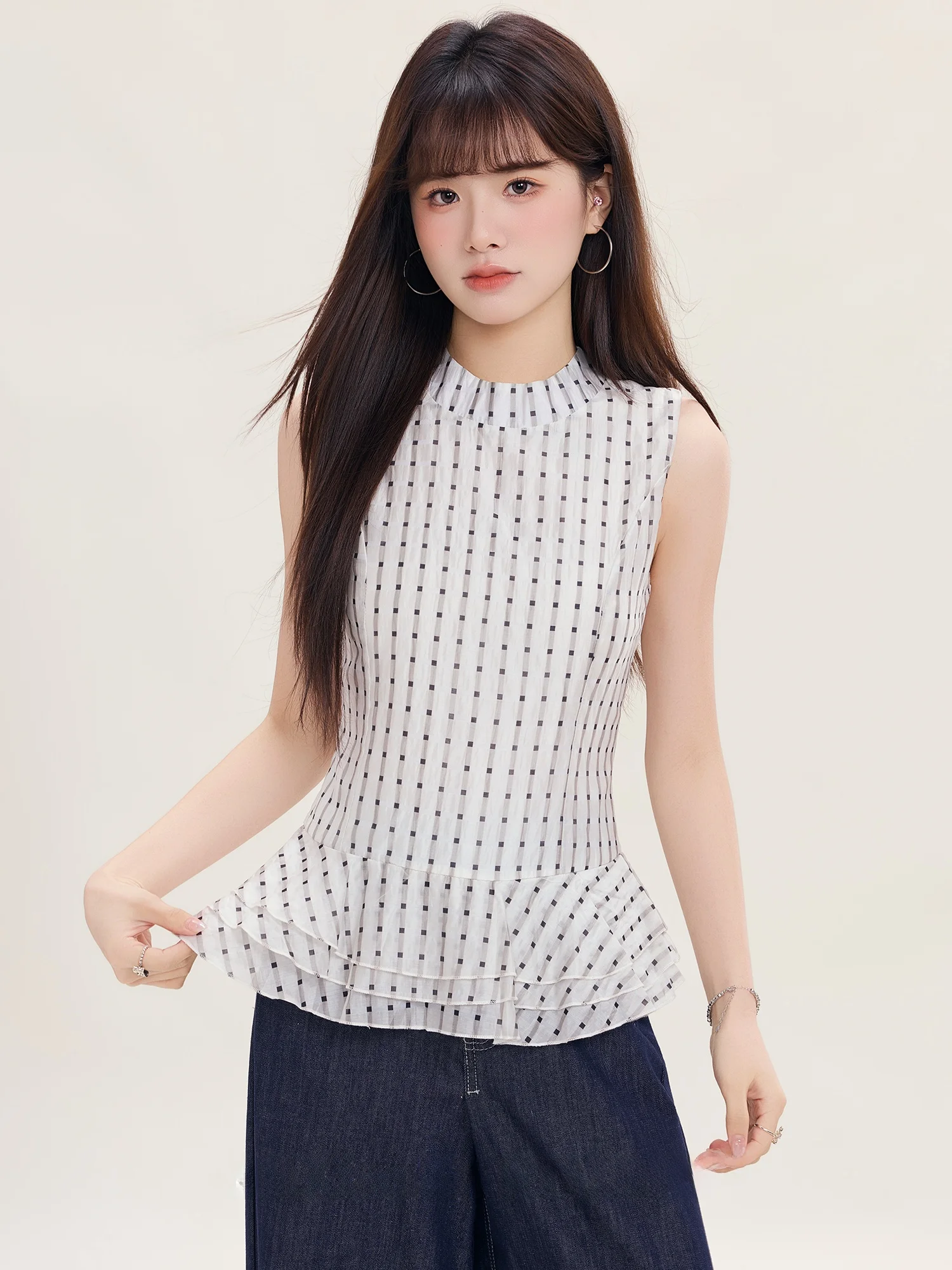 

Женский летний топ-жилет в клетку с оборками, облегающий, повседневный, для создания иллюзии стройности