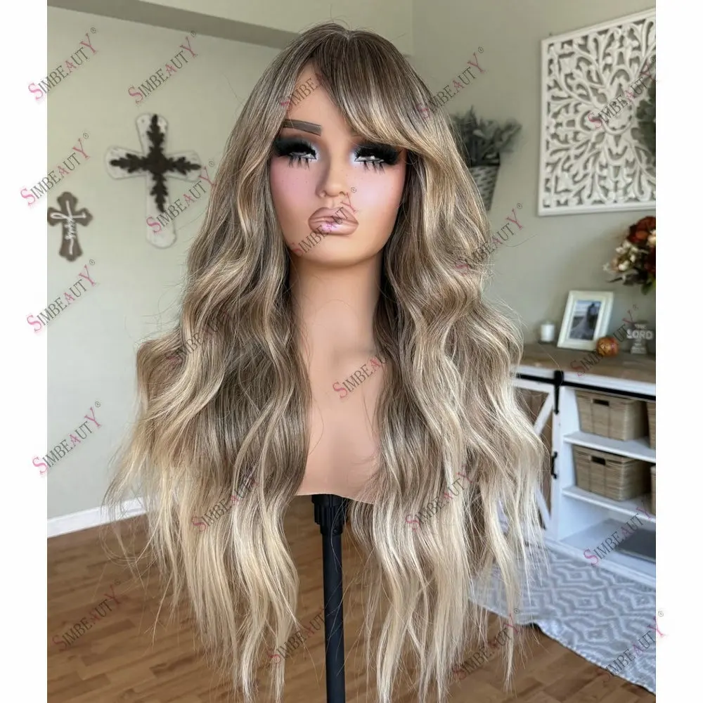 Women's Remy European Human Hair Transparent Lace Full Lace Wigs Ombre Light Browm Ash Blonde With Bangs 13x6 Lace Frontal Wigs