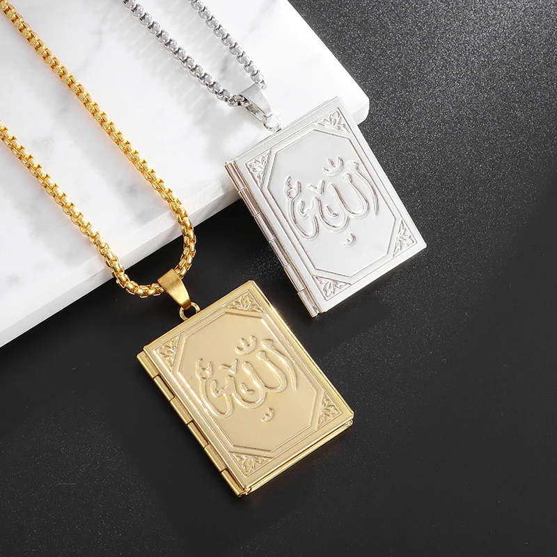 Islamic Muslim Photo Box Jewelry Arabic Allah Bible Necklace Men Women Religious Amulet Pendant Gift