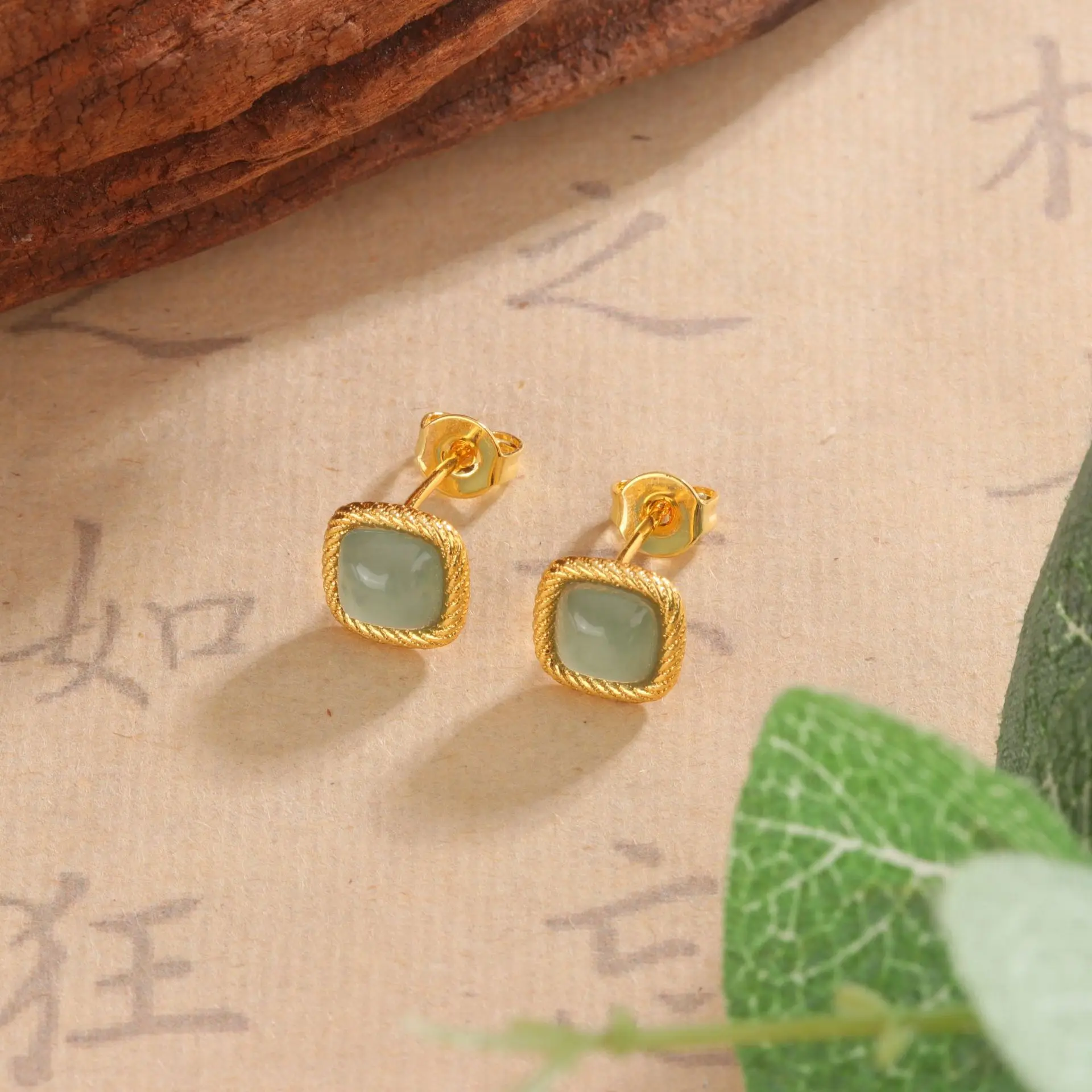 

Серьги-гвоздики из Мьянманского жадеита, натуральный бирманский нефрит, роскошный позолоченный амулет 18 карат, подарки для женщин, талисманы